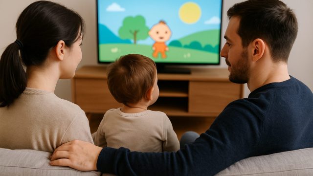 2歳の子どもと両親が一緒にテレビを見ている様子（斜め後ろからの視点）